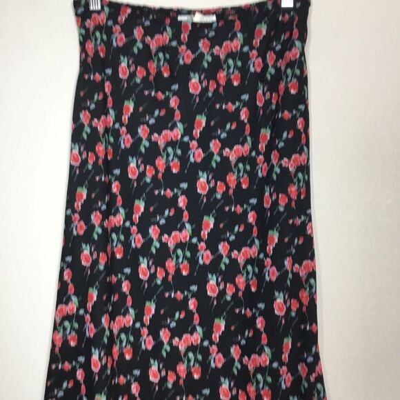 Vintage roses print black maxi skirt floaty elasticated waist size Small - Picture 2 of 8